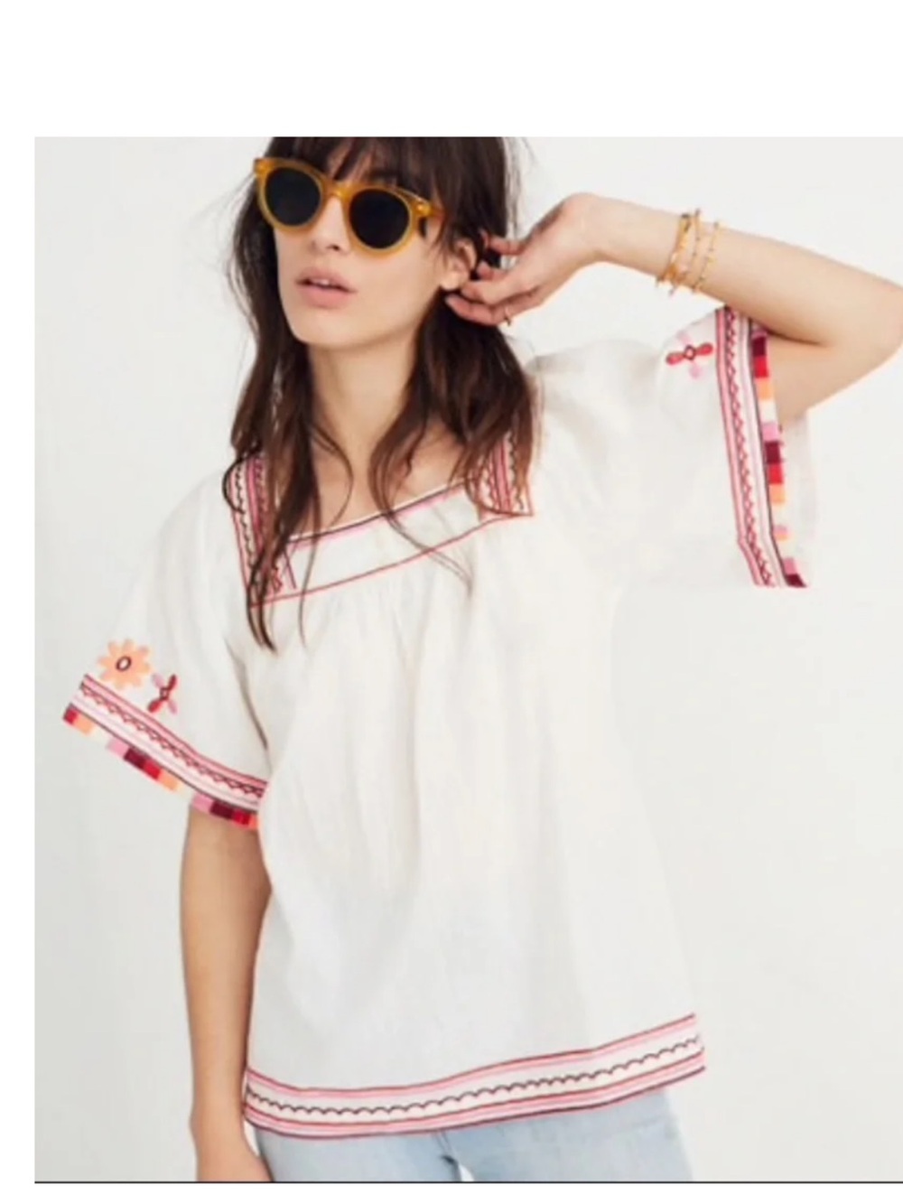 Madewell White Peasant Blouse with Pink & Coral Embroidery
